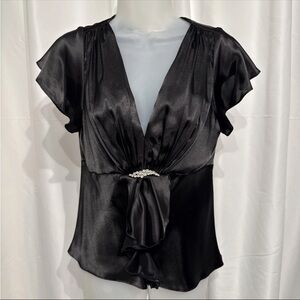 MSK Black Satin Portrait Neck Line W/ Broach & Flutter Sleeves Size PM NWT